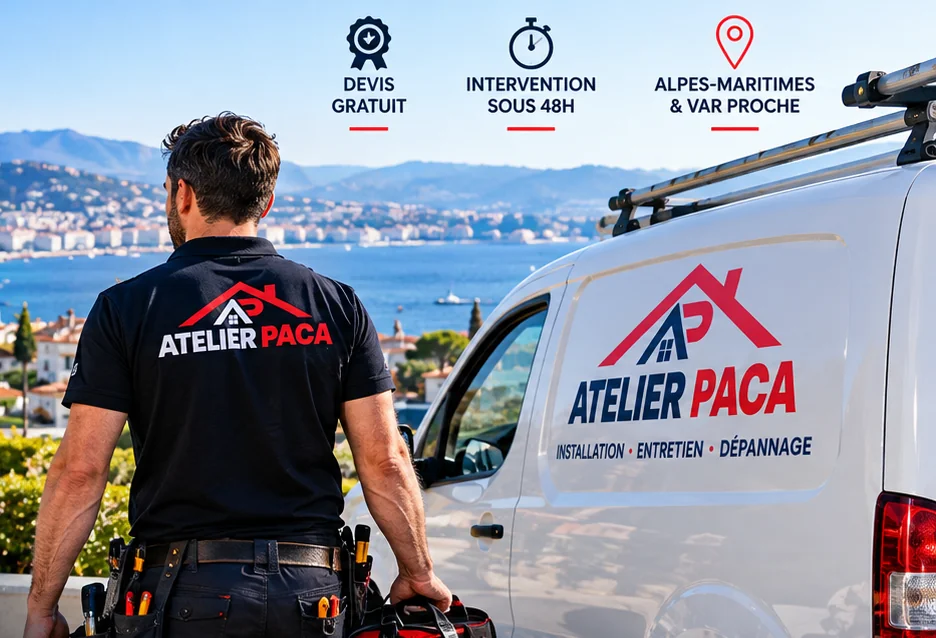 Technicien Atelier PACA devant le camion d'intervention, baie de Cannes